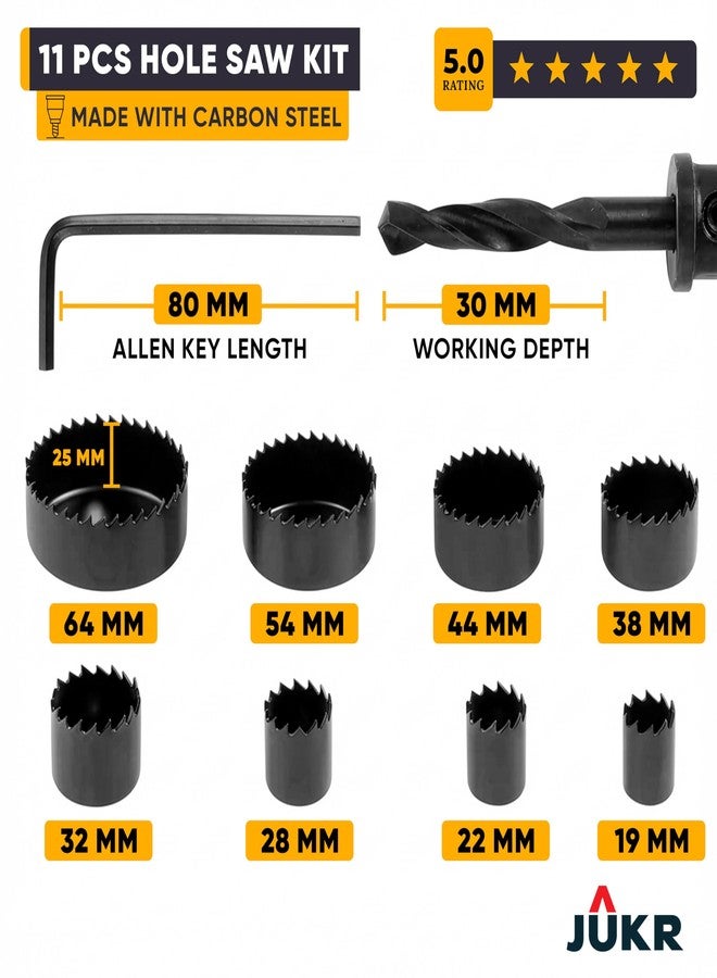 JUKR 11 PCS Carbon Steel Hole Saw Drill Bit Circular Core Cutter Set Works With Wood, Plywood Door Holes, Plastic PVC Pipes, MDF & Veneer Boards, Light Aluminium Metal For Round Core Cutting & Drilling - Image 3